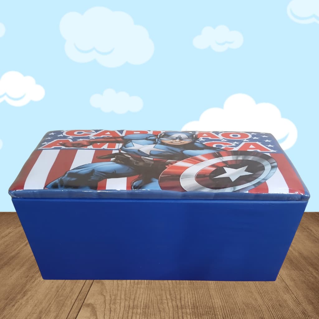 Baú Infantil Azul Menino Capitão America Até 90 cm Grande Pé de Cama Guarda Brinquedo