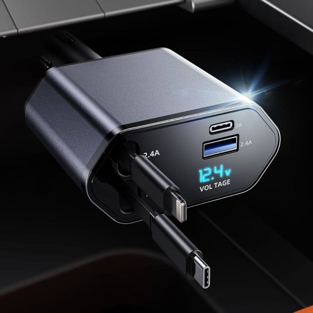 Carregador de carro retrátil, carregador rápido de para carro 4 em 1 para iPhone e Android