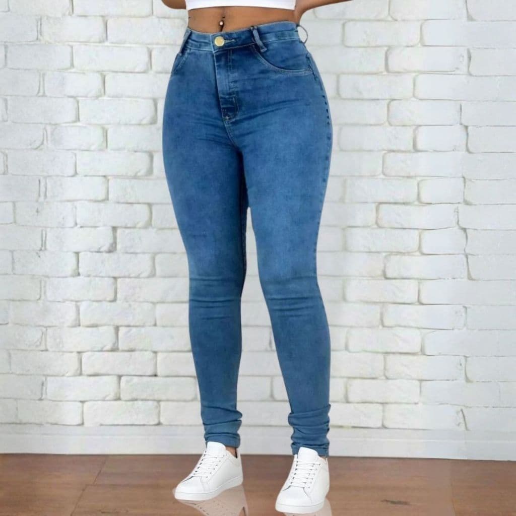 Calça Jeans Feminina Skinny com Lycra Cintura Alta Levanta bumbum Cós Alto Lavagem Azul