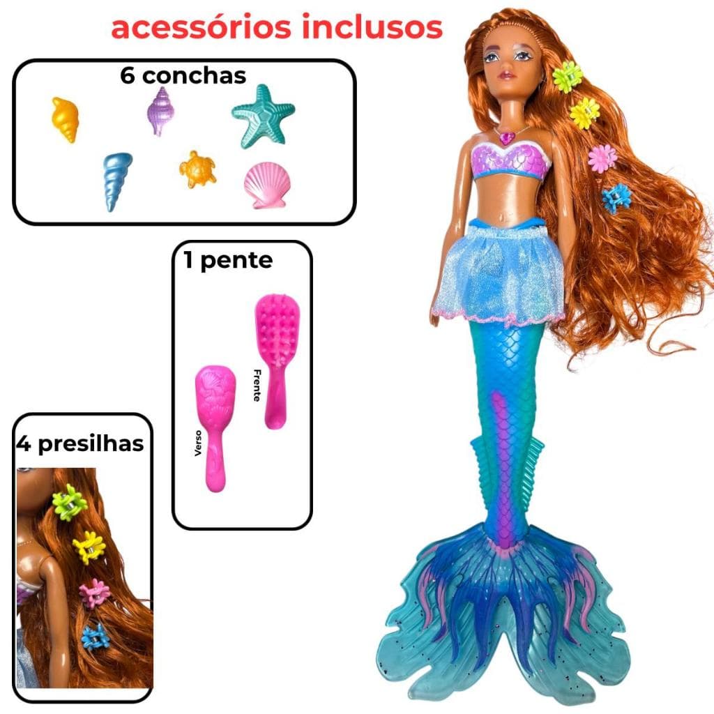 Boneca Sereia Musical Com Luzes Acessórios Colorida ariel