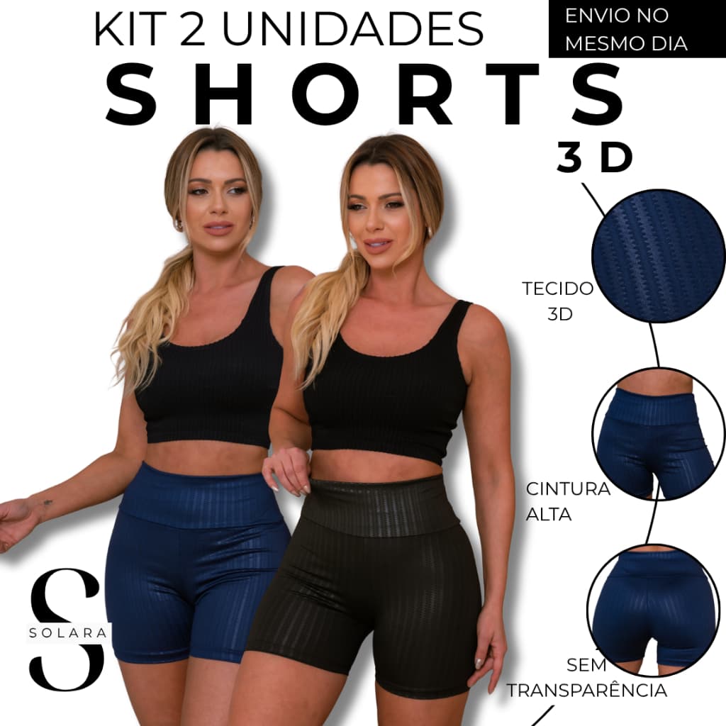 KIT 02 Shorts 3D Curto Cintura Alta Sem Transparencia Feminino Fitness Academia Esportivo