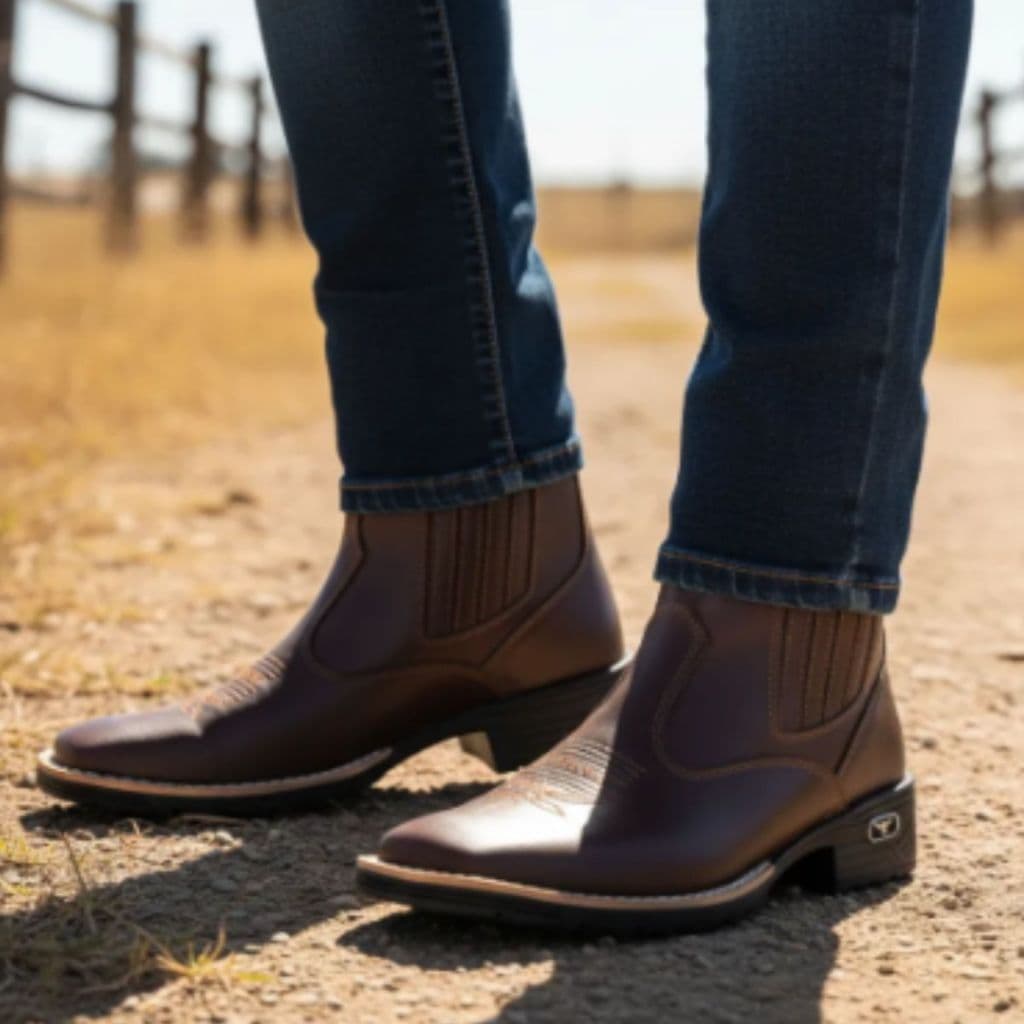 Bota Country Masculina Em Couro Bico Quadrado Bordado Cowboy Confortável