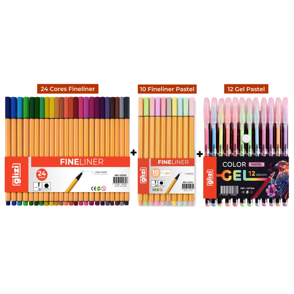 Kit Criativo Glizi 46 Cores Canetas Coloridas Ponta Fina 24 Cores + 10 Cores Pastel + 12 Gel