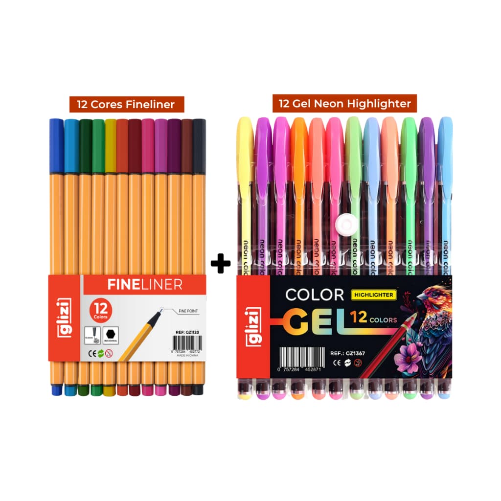 Kit Criativo Glizi 24 Cores Canetas Coloridas Ponta Fina Fineliner + Gel | Canetas para Lettering, Estudo e Desenho