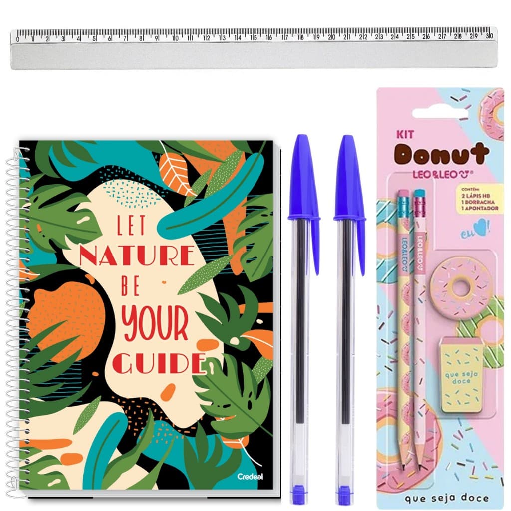 Kit Escolar Caderno 10 Matérias Caneta Lápis Régua Borracha