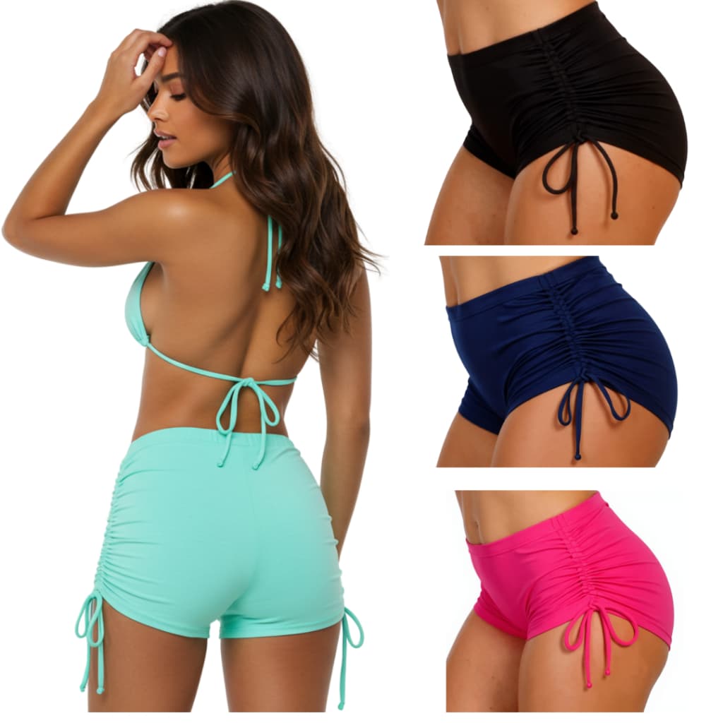 Calcinha Sunquíni Biquíni Shorts Cordinha Praia Verão Cintura Cós Alto em Suplex Academia Treino Fitness Franzido Curto