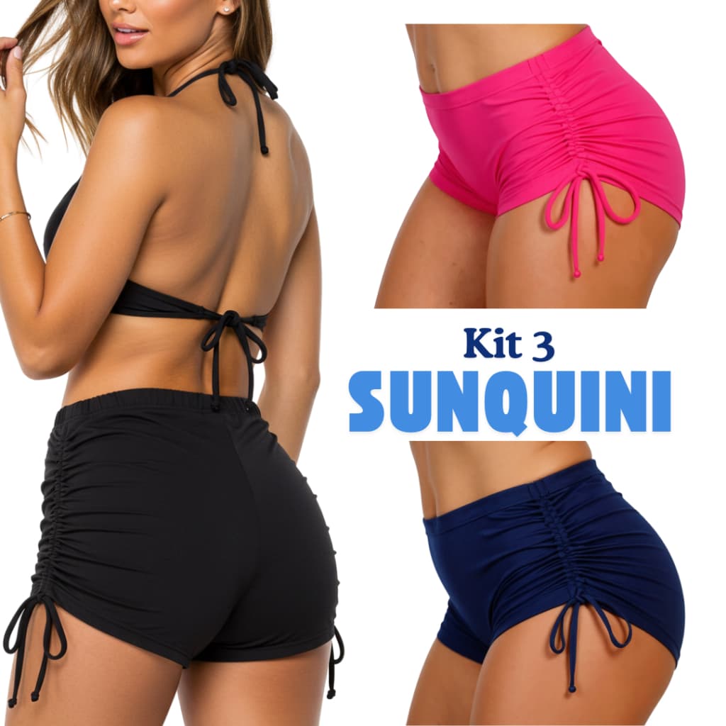Kit 3 Sunquíni Shorts Biquíni Cordinha Praia Academia