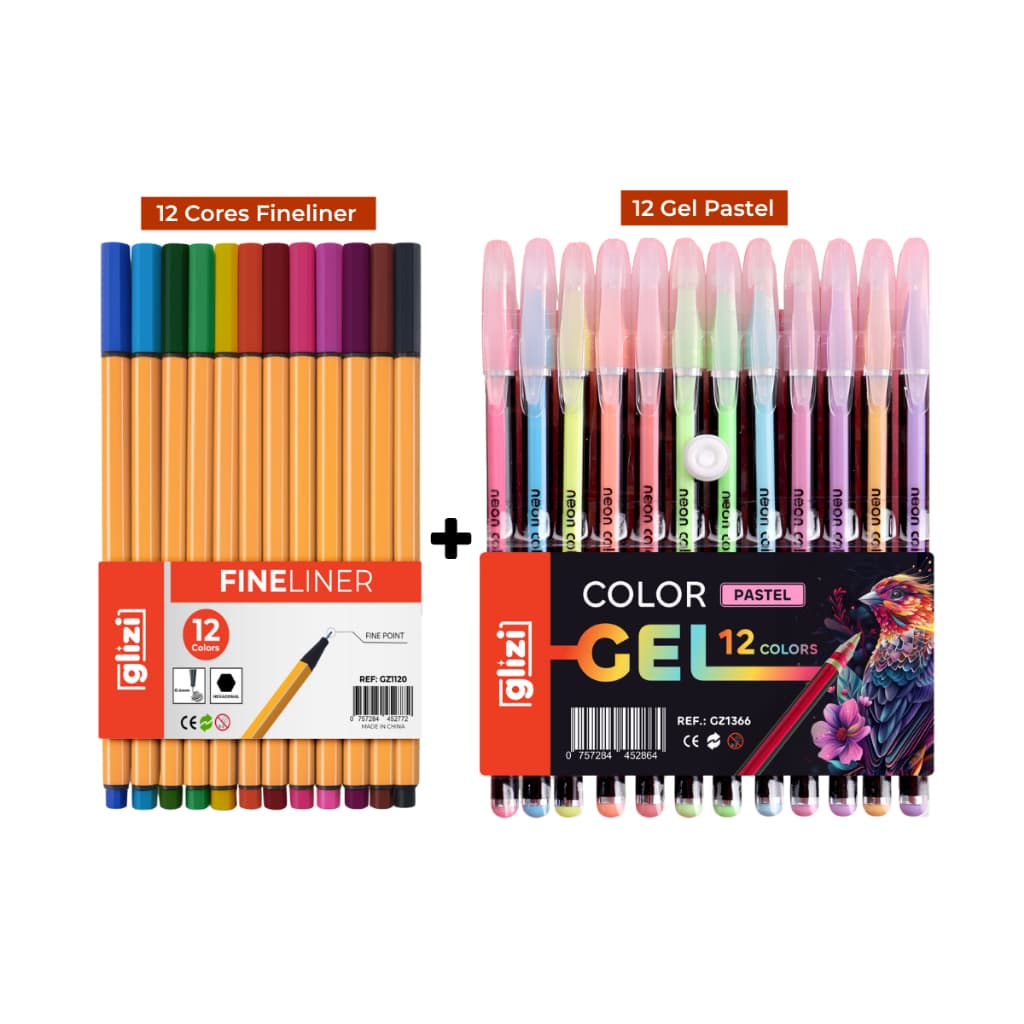 Kit Criativo Glizi 24 Cores Canetas Coloridas Ponta Fina Fineliner + Gel | Canetas para Lettering, Estudo e Desenho