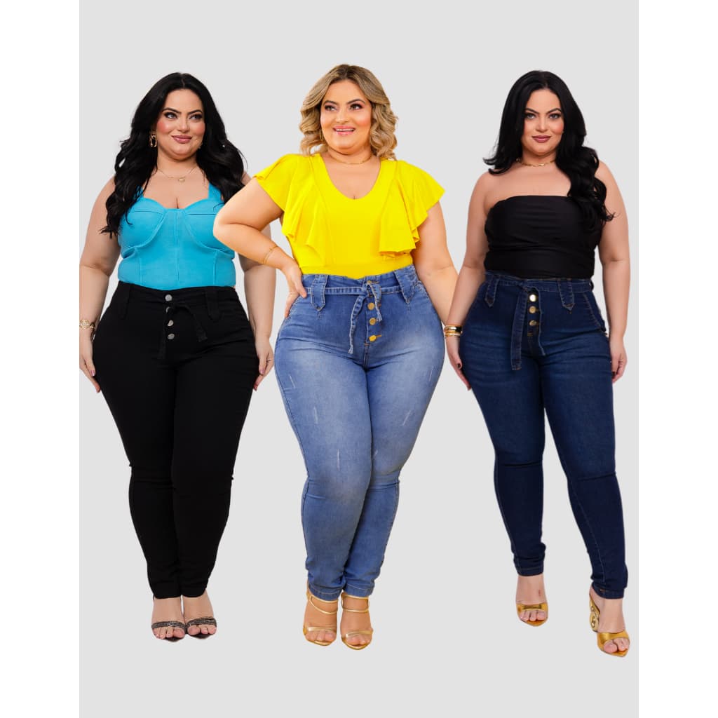 Kit Calça Jeans Feminina Plus Size Cintura Alta Com Elastano Levanta Bumbum
