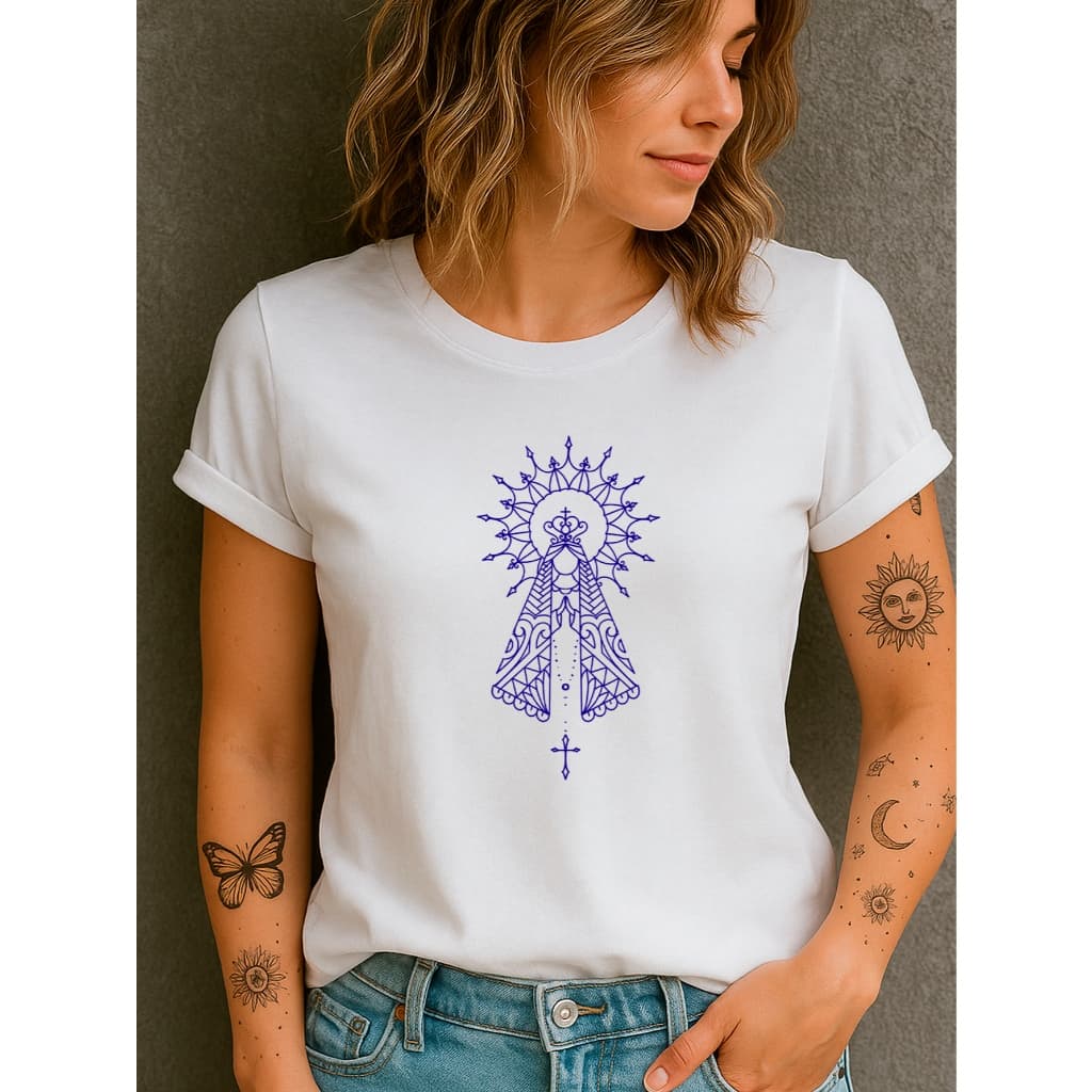 Camiseta Babylook Feminina Estampada 100% Algodão Nossa Senhora Aparecida Silhueta Religiosa Católica