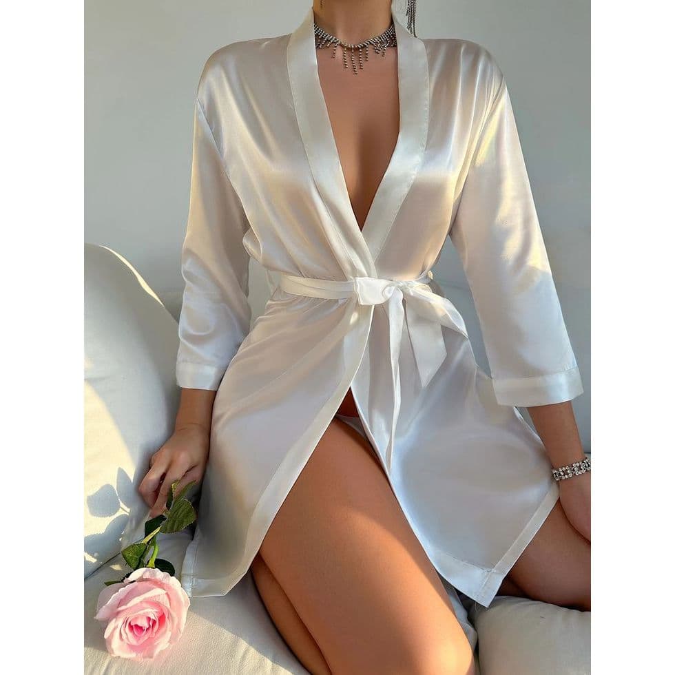 Robe noturno de cetim sólido manga comprida com decote em V e cinto roupa de dormir feminina