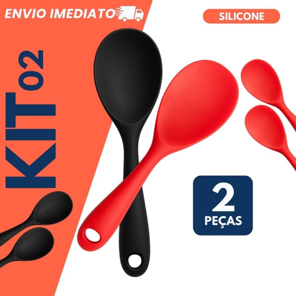 Kit 2 Unidades Colher de Silicone Servir Utensílio Multiuso para Panela Arroz Sopa Cozinha 21cm