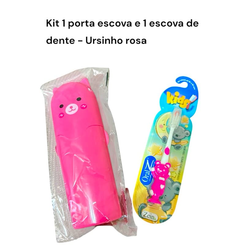 Kit Escova de Dente Infantil com Porta Escovas Estojo Escolar - Ursinho Rosa