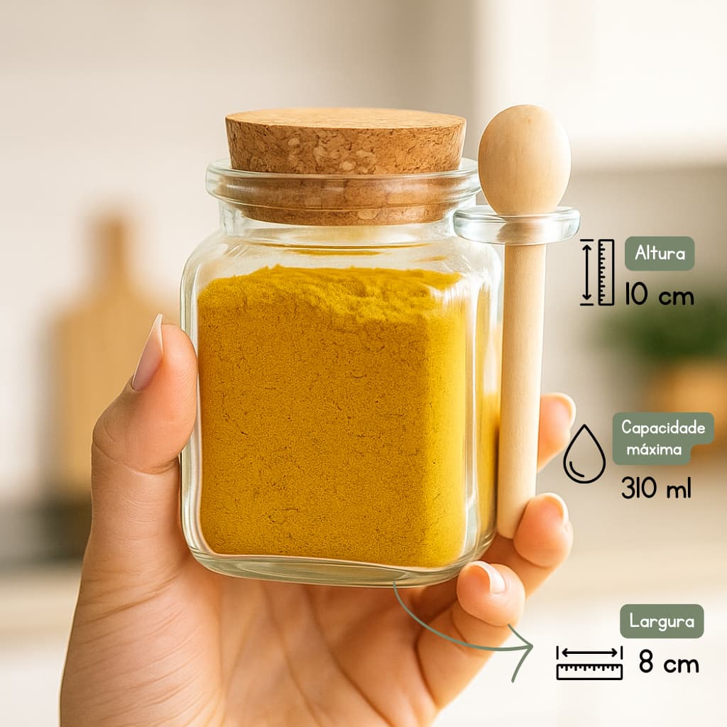 Kit Pote de Tempero 310ml Colher Bambu Tampa de Cortiça | Rolha