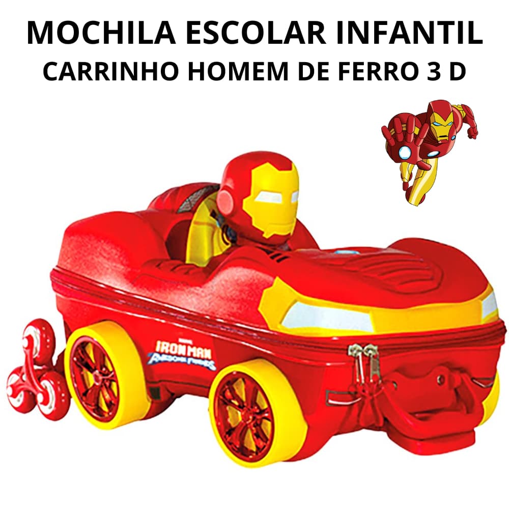 Mala Mochila Escolar Infantil Homem de Ferro 3D Carrinho Rodinhas Viagem Decoração Aventura Vermelha