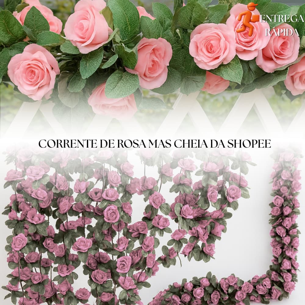 Corrente de Rosa 2.5mts com 45 Flores Artificial Pedente Cordão de Flores