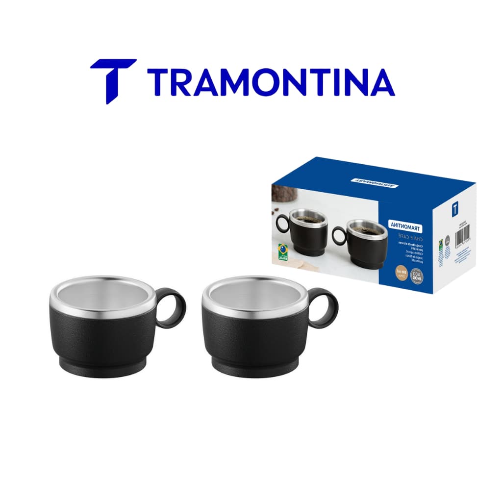 Conjunto de Xícaras para Café Tramontina Empilháveis em Aço Inox  ABS Preto e Alça Redonda 2 Peças