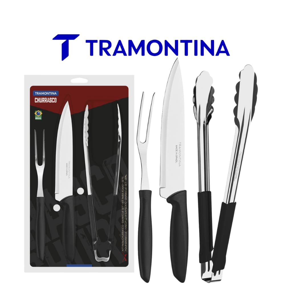 KIT PARA CHURRASCO 3 PCS TRAMONTINA PLENUS PRETO Faca Garfo pegador
