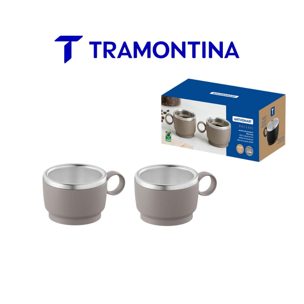 Conjunto de Xícaras de Café Tramontina 2 Peças Aço Inox Cinza Empilhável Alça Redonda Cappuccino Chá Expresso Cozinha