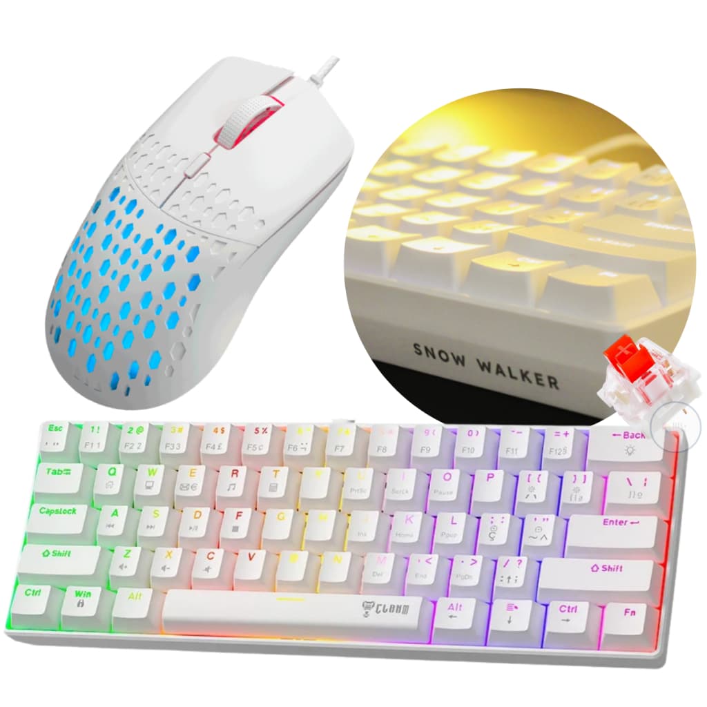 Kit Teclado Gamer Snow V2 Switch Red Mecânico RGB + Mouse Slits V2 Branco Clanm