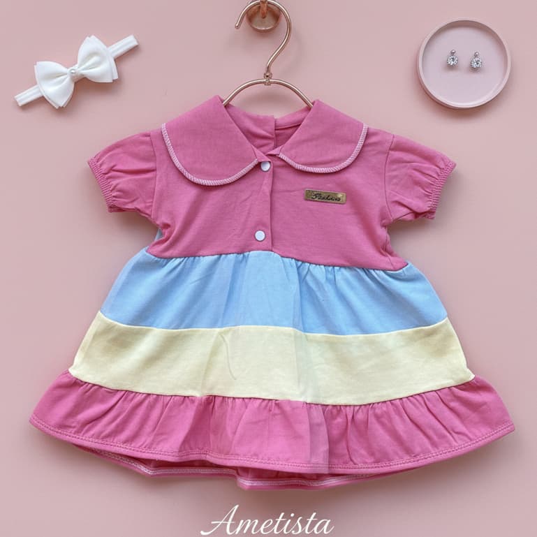 Vestido Bebê Menina Três Marias Colorido Gola Polo Vestido Algodão Infantil 3 a 6 Meses
