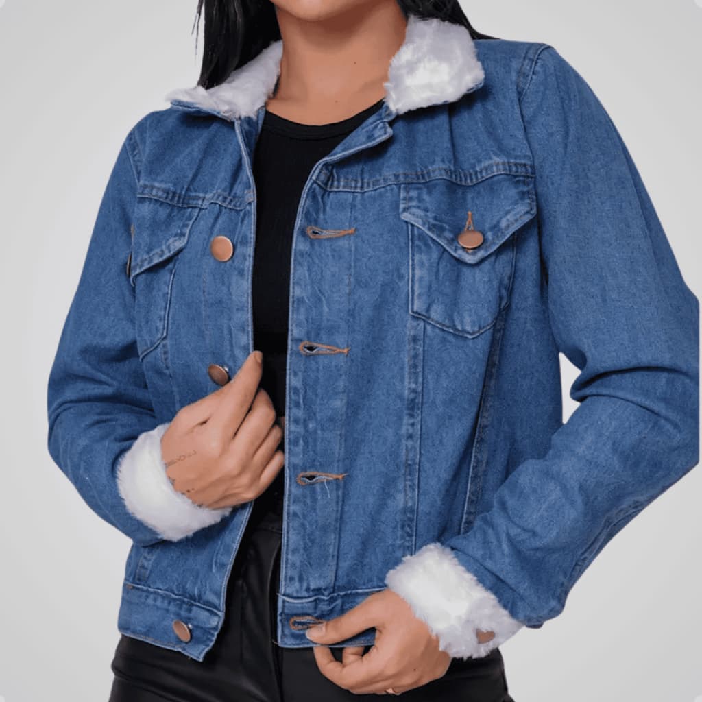 Jaqueta Jeans Com Pelúcia Manga E Gola Moda Feminina