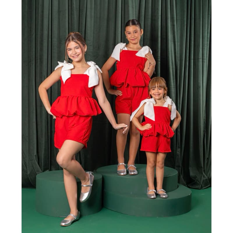 Conjunto Infantil Juvenil Verde e Vermelho Luxo Menina Festa Natal Rodado Babado
