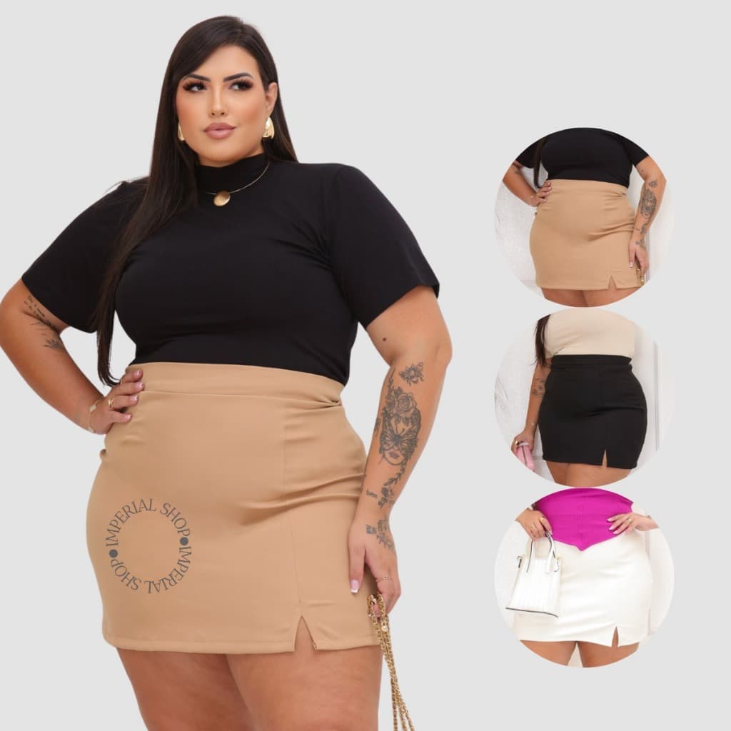 Saia Alfaiataria Justa Plus Size Cintura Alta Preta Moda - Lara