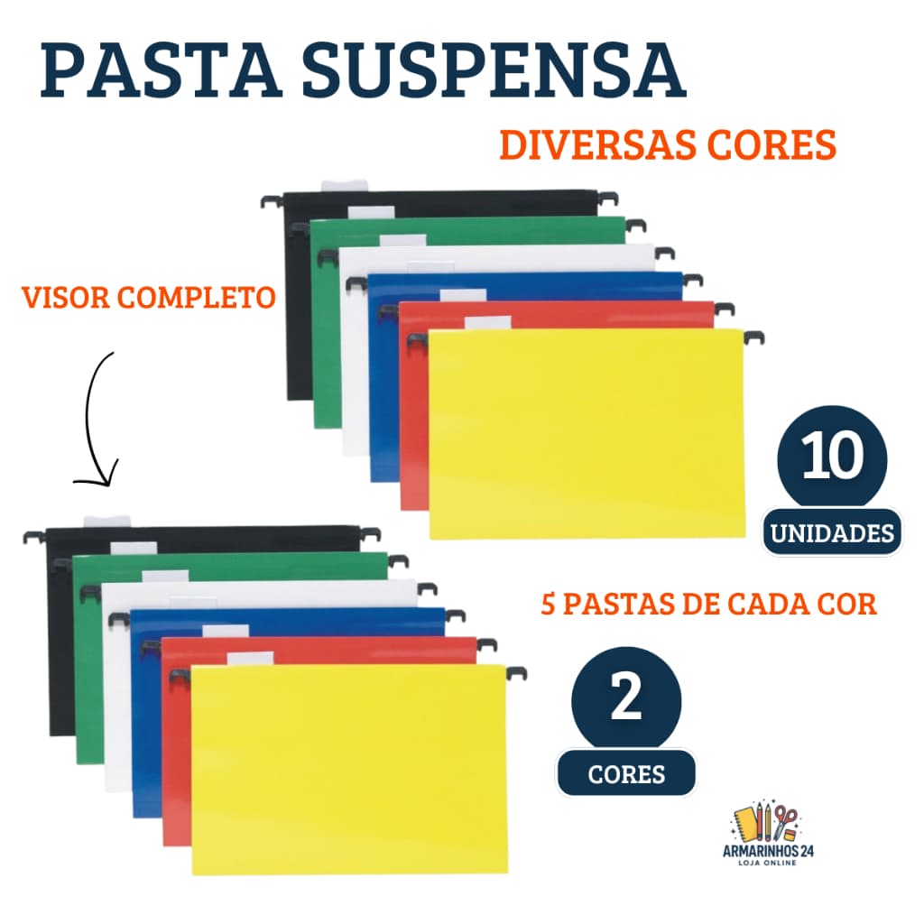 Pastas Suspensas Colorida em Papel Duplex Plastificado Kit C/ 10 - 2 Cores P/ Organização Arquivo Documentos Escritório