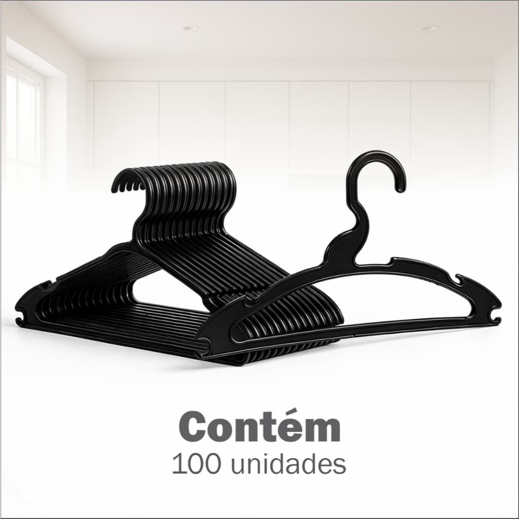 Cabide Adulto Kit 100 Unidades Atacado Pronta Entrega Preto não Amassa Armário Grande Gancho