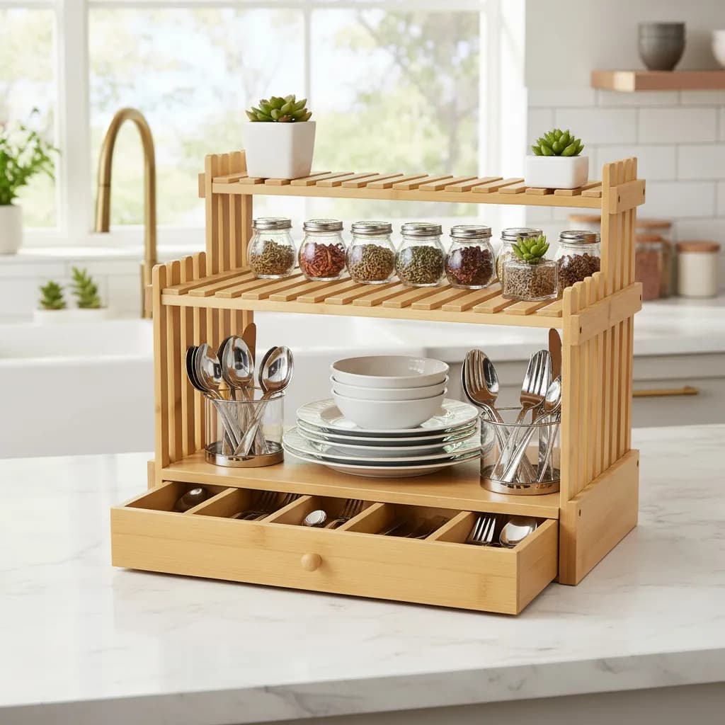 Prateleira Porta Temperos Bambu Ecoliven Com Gaveta Para Talheres Rack Organizador Suporte De Cozinha Estante Bancada