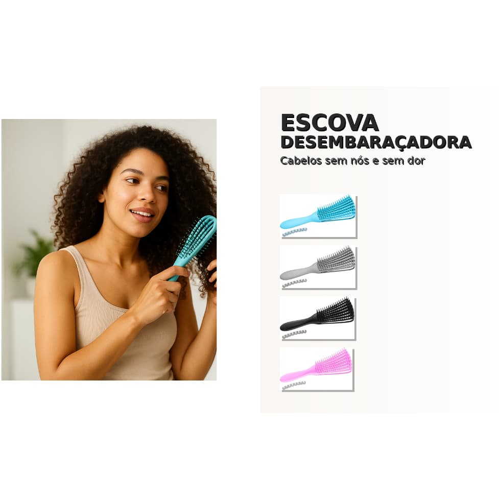 Escova Polvo Flexível para Cabelos Cacheados Desembaraço Rápido, Sem Quebra e com Fios Definidos