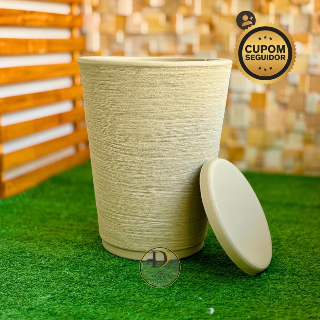 Vaso de Flor Decorativo Médio Cone Escovado com Prato Luxo para Sala, Jardim ou Varanda 41cm