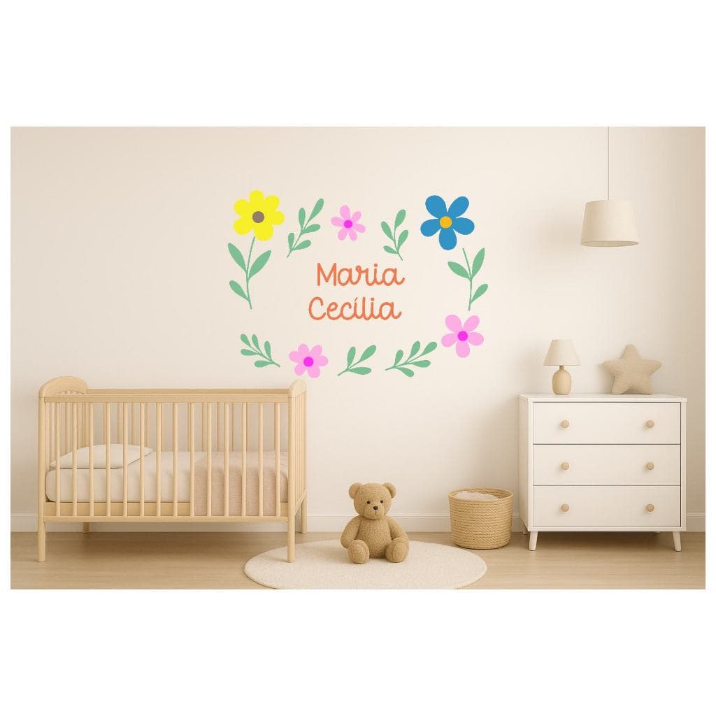 Adesivo de Parede Nome Floral Personalizado – Kit com Flores e Ramos | Decor Infantil