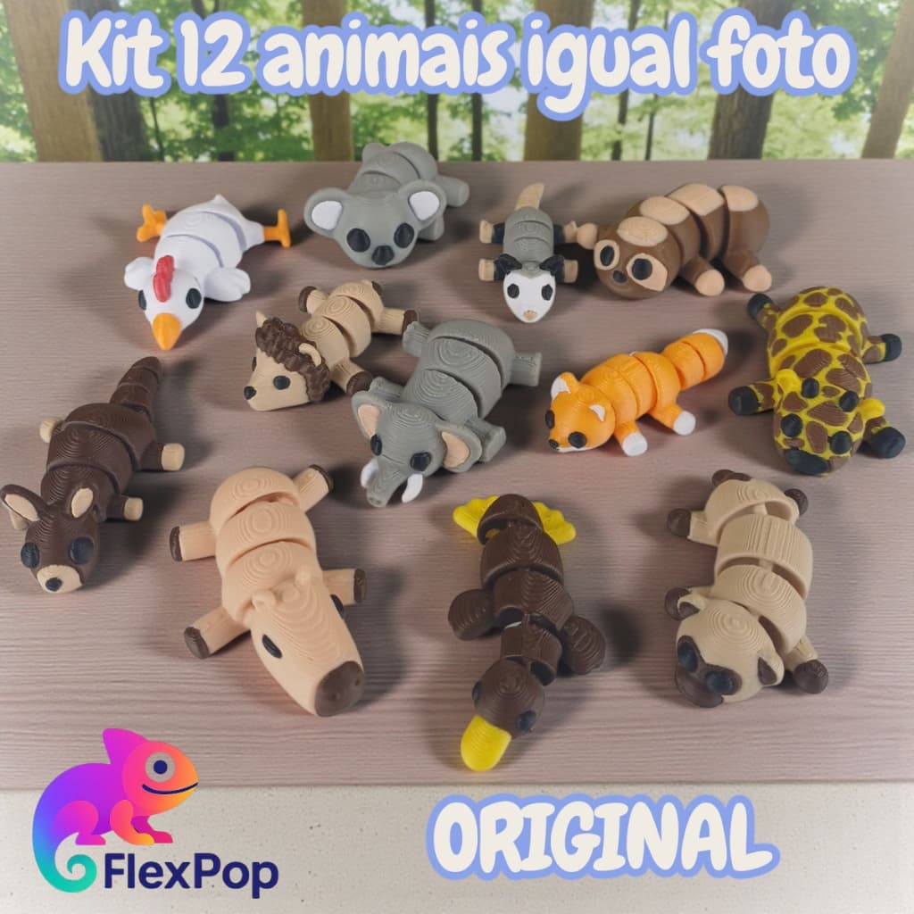Kit 12 Mini Animais Animal Flexpop Original Articulado Articulados Flexível Flexíveis Fidget Antistress Anti Stress