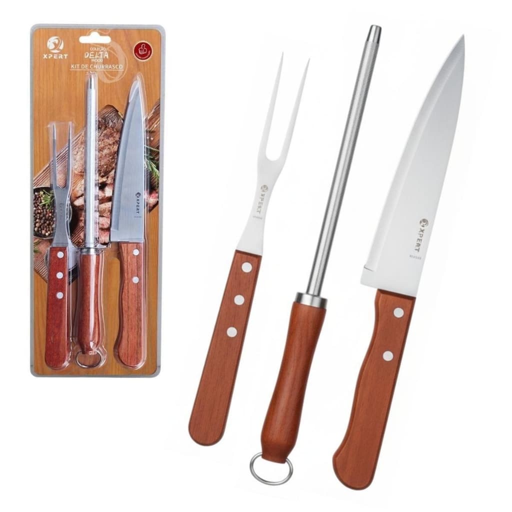 Kit 3 Peças Para Churrasco Com Cabo de Madeira Faca Garfo Chaira Festa Cozinha Corte - Aço Inox