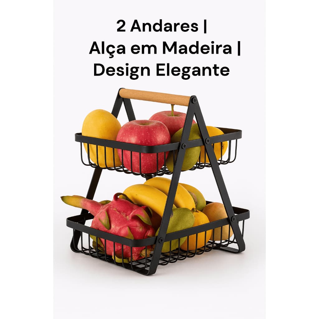 Fruteira Metal Dois Andares Alca Madeira Organizador Multiuso Cozinha Sala