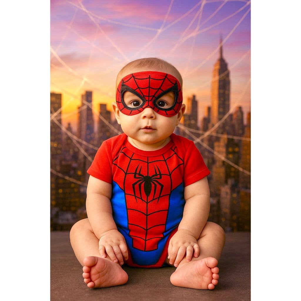 Body Temático bebê Homem aranha Body+Máscara Fantasia bebê Miranha Body super heróis Body Mesversario Homem Aranha