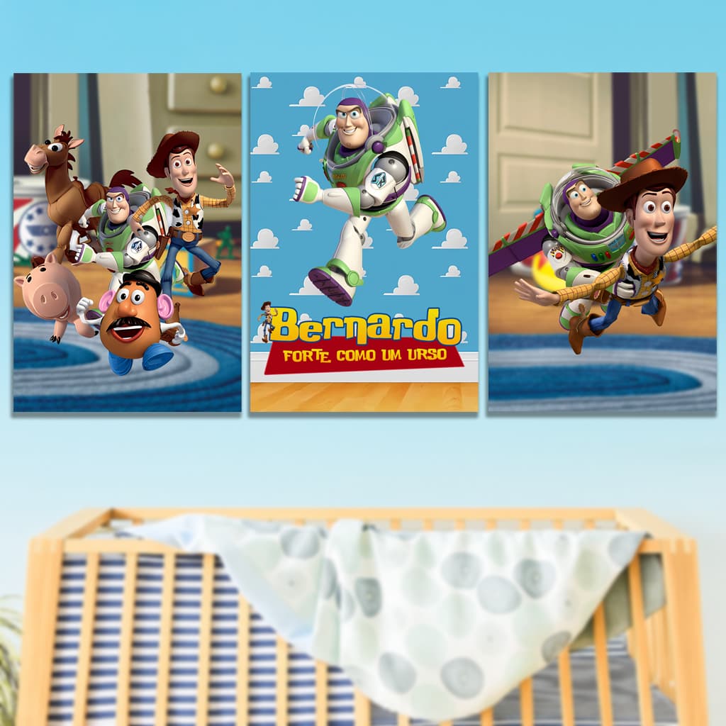 Quadros Decorativos Toy Story Woody Andy Buzz Lightyear Personalizado com Nome Infantil Criança Bebê