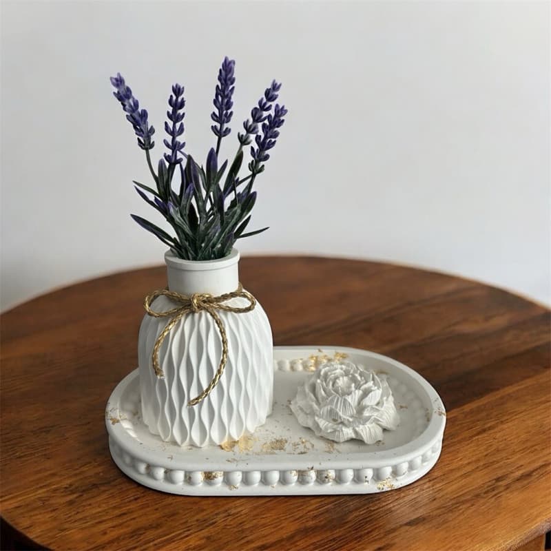 Kit decorativo luxo branco e dourado gesso bandeja vaso lavanda e flor de peônia + aroma