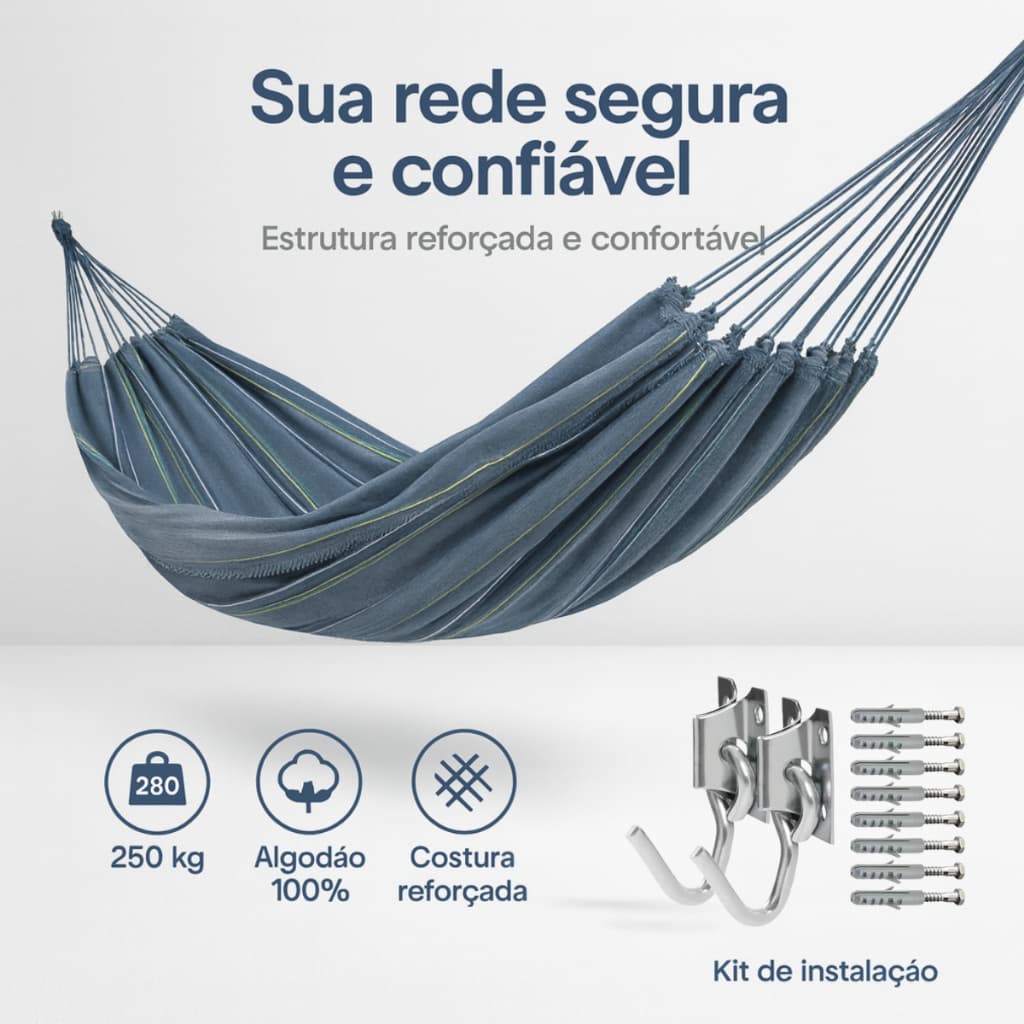 Kit com Rede de Descanso Cinza + 1 PAR de Ganchos de Parede – Suporta até 200kg Redes Brazil