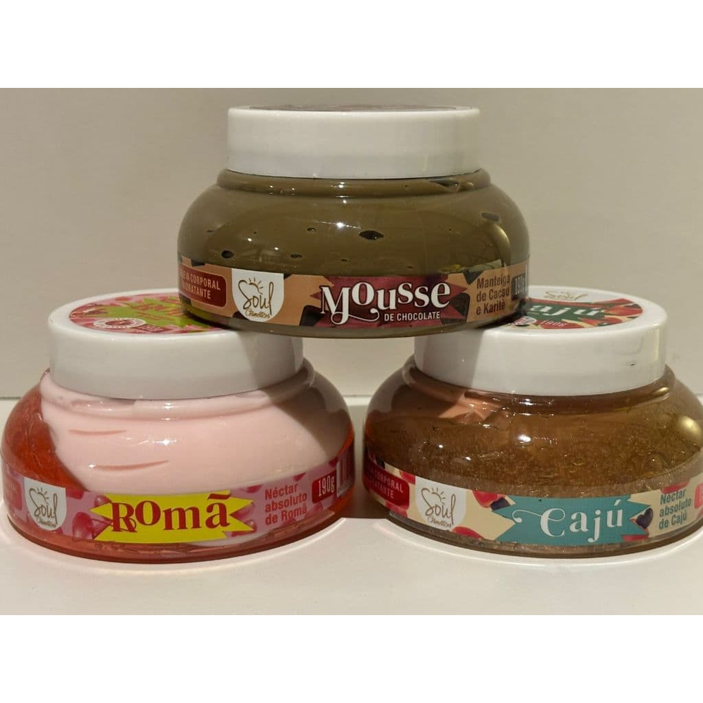 Kit 03 Hidratantes Corporais Geleia  Caju Romã e Mousse Chocolate -  SOUL 190G