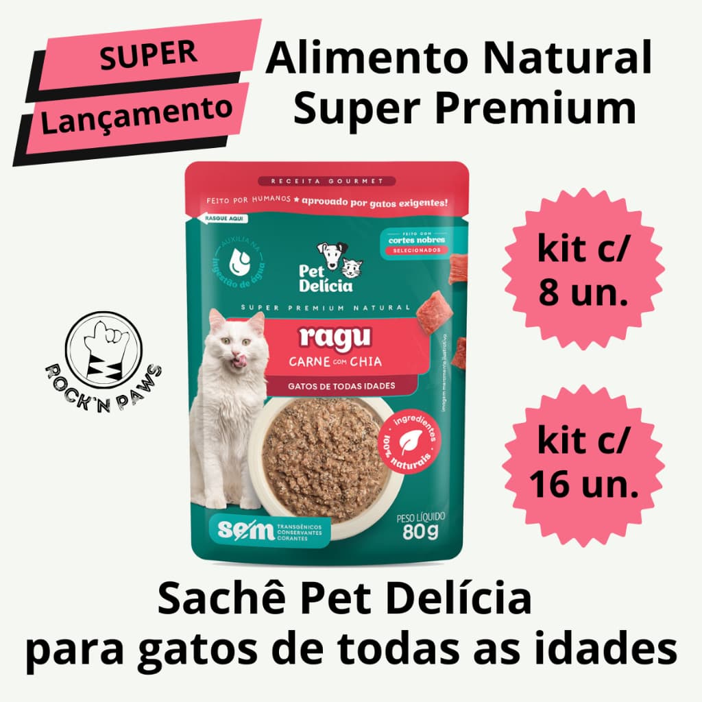 kit Sachê Alimento Úmido Natural Ragu Pet Delícia para Gatos Sabor Carne e Chia