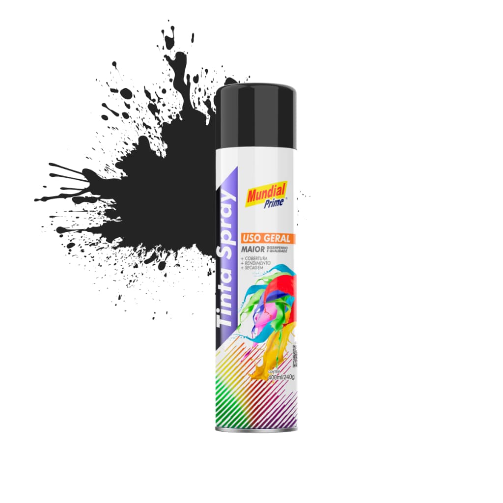 Tinta Spray Multiuso Para Madeira Metal Uso Geral Mundial Prime 400ml Cores Preto e Branco