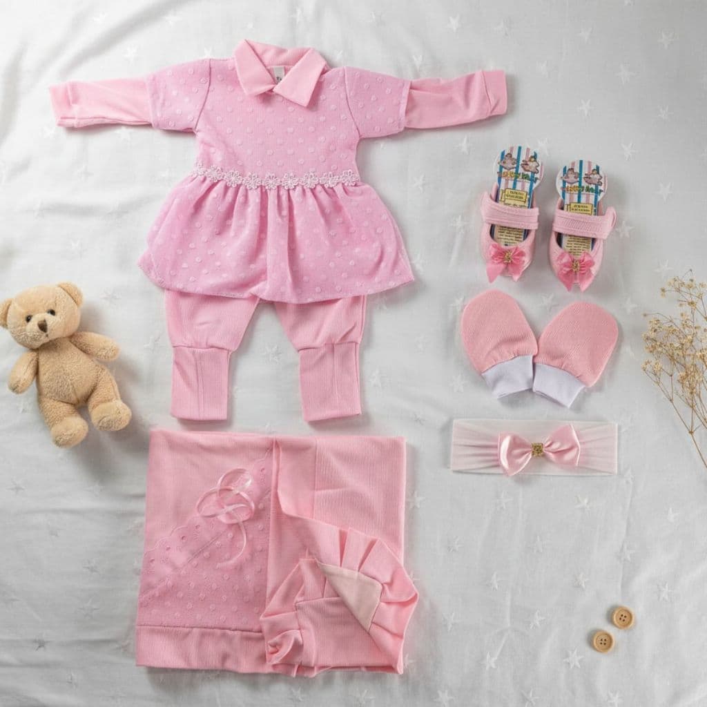 Saída Maternidade Menina Luxo de Renda Vermelha Rosa Marsala Lilas Marfim Kit Feminino Completo 6 peças Recém Nascido