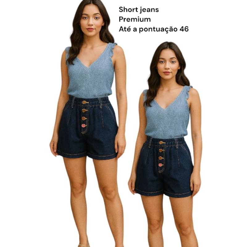 Short cós alto botões dourados com elástico embutido no cós jeans Premium leve plissado não marca bermudafolgado