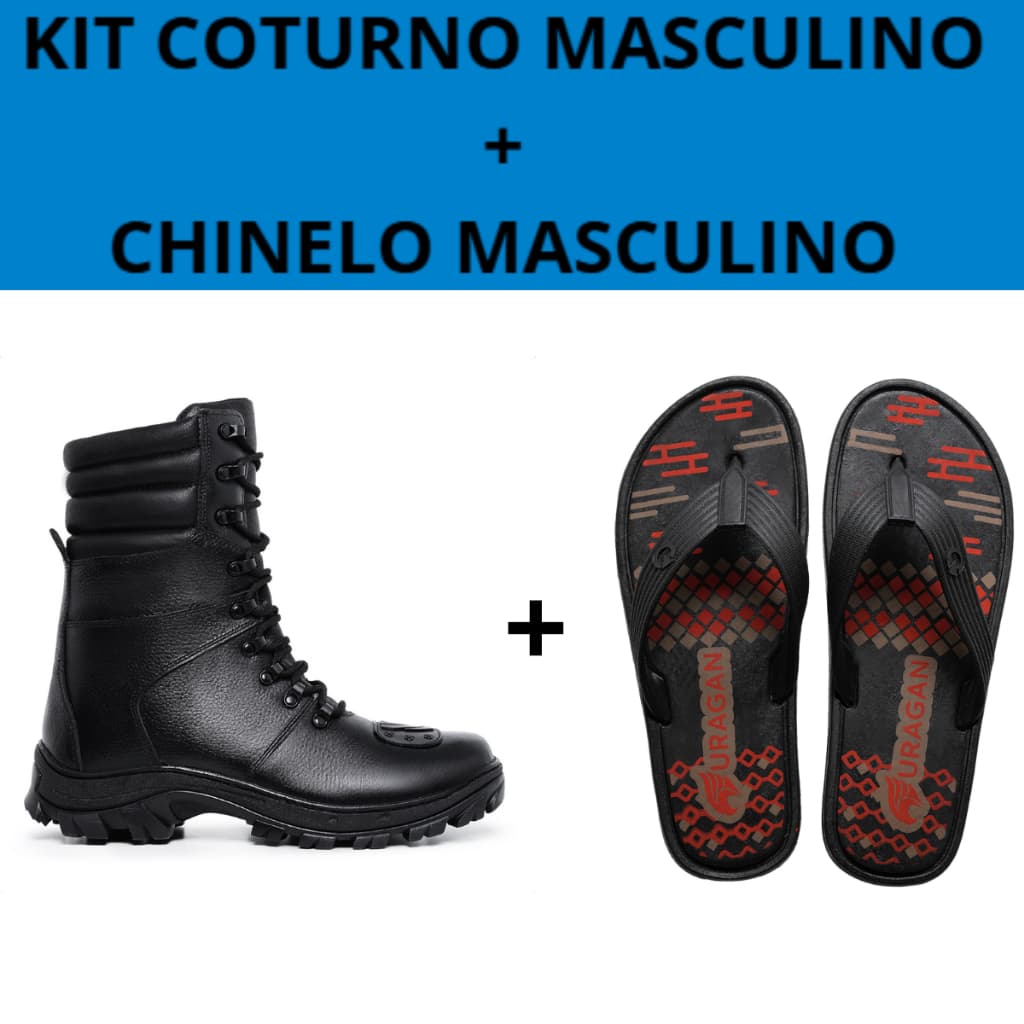Kit Bota Coturno Masculino Cano Médio Couro + Chinelo Masculino Confortável Borracha Antiderrapante