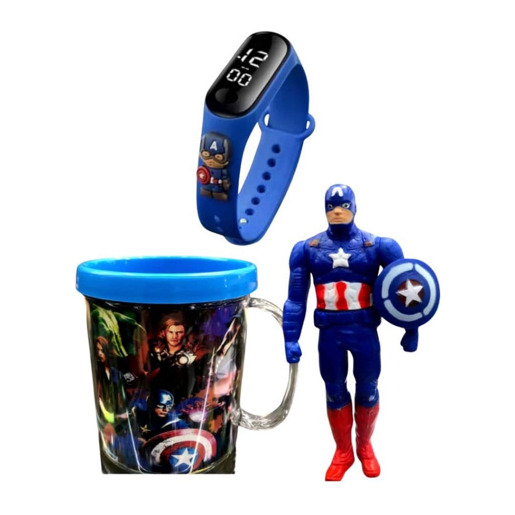 Kit 3, Boneco Capitão América + Caneca Personalizada + Relógio Digital