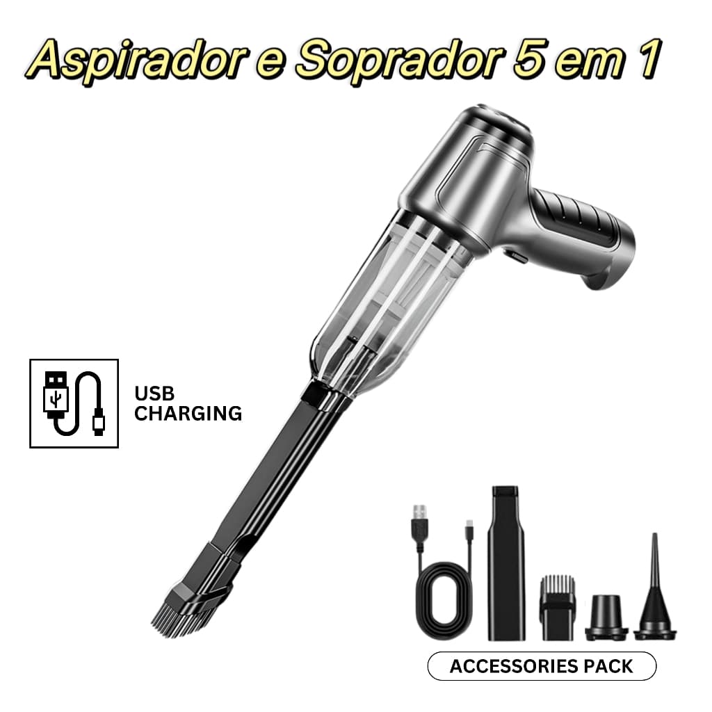 Aspirador e Soprador Portátil 5 em 1 - Alta Potência e Multifuncional para Limpeza Completa