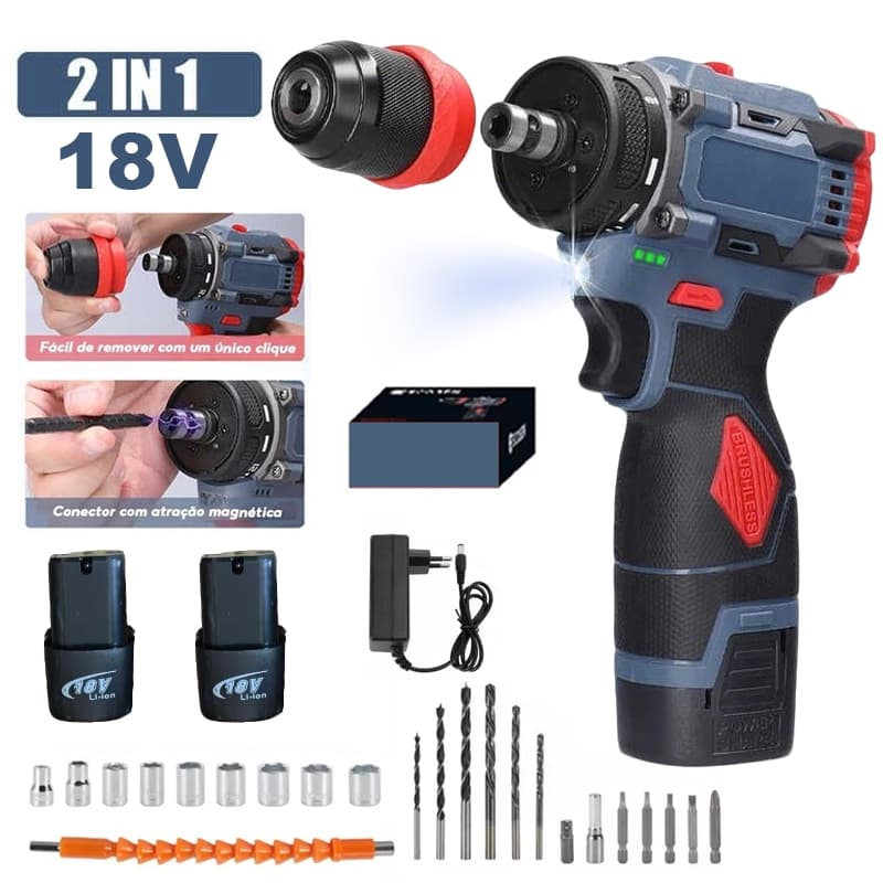 Furadeira elétrica 2 em 1/18 V com função de furadeira de impacto e acessórios